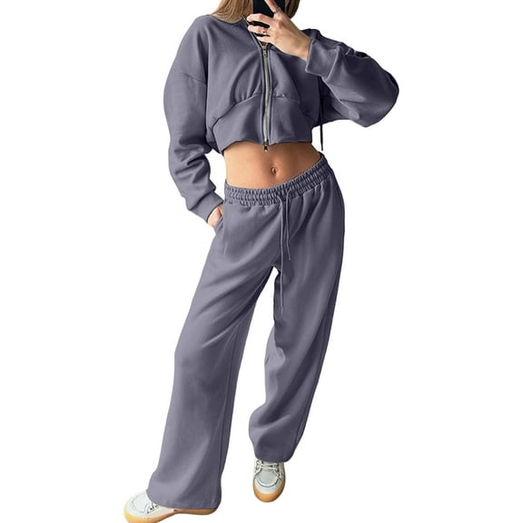 Women'S Tracksuit Set - Long Sleeve Zipper Hooded Sweatshirt with Solid Color Lace-Up Pants - Two-Piece Set Dark Gray S