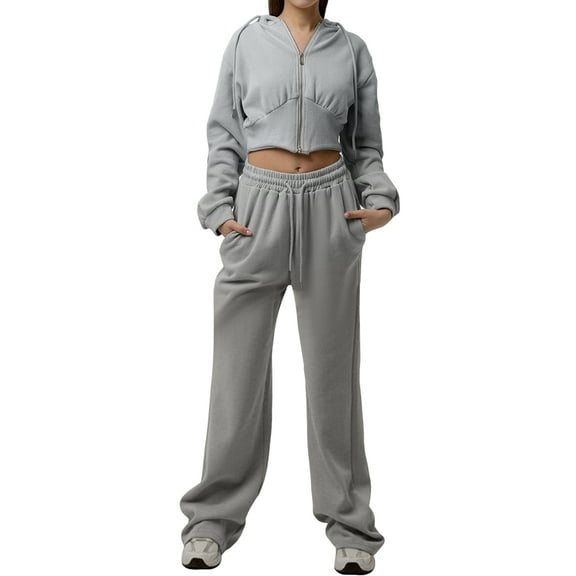Women'S Tracksuit Set - Long Sleeve Zipper Hooded Sweatshirt with Solid Color Lace-Up Pants - Two-Piece Set Grey S