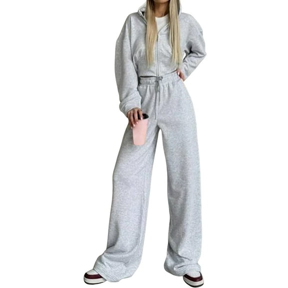 Women'S Tracksuit Set - Long Sleeve Zipper Hooded Sweatshirt with Solid Color Lace-Up Pants - Two-Piece Set Light Gray M
