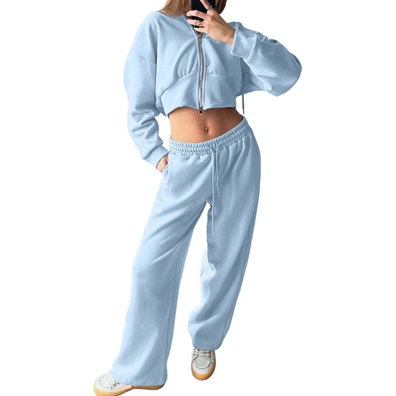 Women'S Tracksuit Set - Long Sleeve Zipper Hooded Sweatshirt with Solid Color Lace-Up Pants - Two-Piece Set M