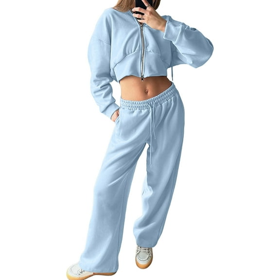 Women'S Tracksuit Set - Long Sleeve Zipper Hooded Sweatshirt with Solid Color Lace-Up Pants - Two-Piece Set Sky Blue S