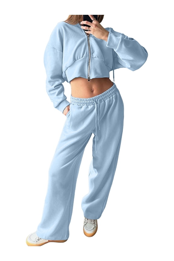Women'S Tracksuit Set - Long Sleeve Zipper Hooded Sweatshirt with Solid Color Lace-Up Pants - Two-Piece Set Sky Blue S