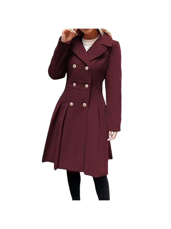 Women'S Trench Coat Fashion Lapel Double Breasted Thick A Line Pea Coats Jacket with Pockets Wine Red XL