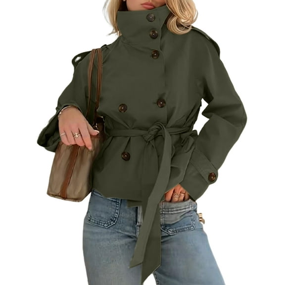 Women'S Trench Double Breasted Short Jacket High Collar Fall Winter Coats Trendy Outfit with Belt Green L