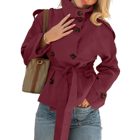 Women'S Trench Double Breasted Short Jacket High Collar Fall Winter Coats Trendy Outfit with Belt Wine Red M