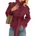 thumbnail image 1 of Women'S Trench Double Breasted Short Jacket High Collar Fall Winter Coats Trendy Outfit with Belt Wine Red S, 1 of 9