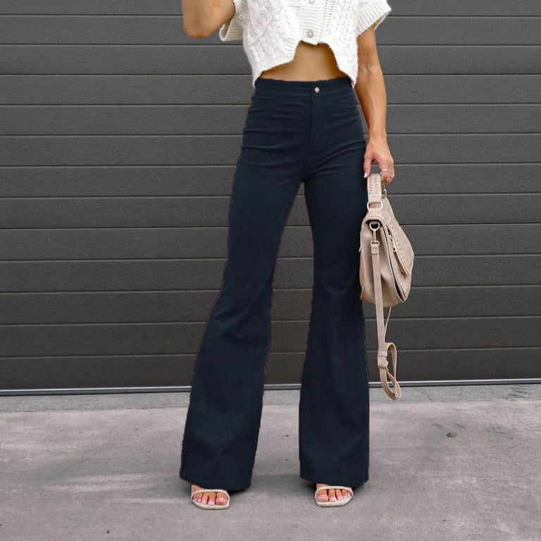 Women'S Trends Pants Summer Solid High Waisted Casual Sexy Flare Pants  Elegant Cocktail Flare Long Pants With Pockets Navy S