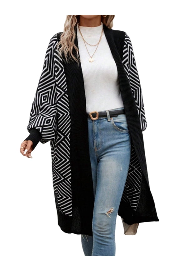 Women'S Trendy Argyle Striped Knit Cardigan Open Front Long Sleeves Mid Long Sweater Coat Black S