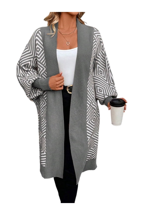 Women'S Trendy Argyle Striped Knit Cardigan Open Front Long Sleeves Mid Long Sweater Coat Gray S