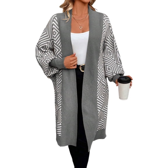 Women'S Trendy Argyle Striped Knit Cardigan Open Front Long Sleeves Mid Long Sweater Coat Gray XL