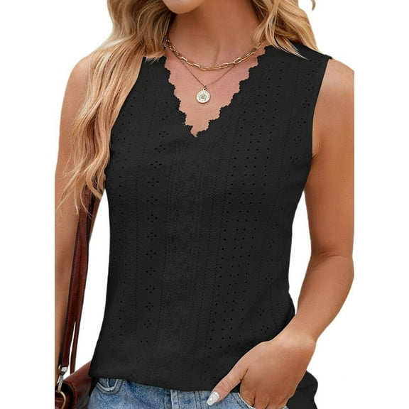 Women'S Trendy Tank Tops Eyelet Embroidery Sleeveless V-Neck Tank Shirts for Daily Casual Black XL