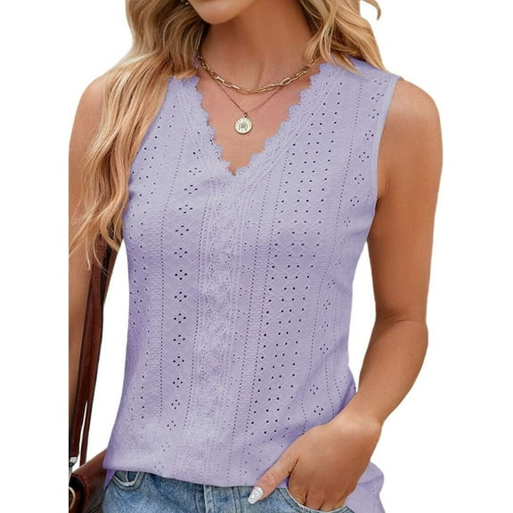 Women'S Trendy Tank Tops Eyelet Embroidery Sleeveless V-Neck Tank Shirts for Daily Casual Purple S