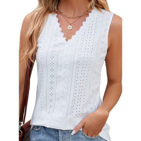 Women'S Trendy Tank Tops Eyelet Embroidery Sleeveless V-Neck Tank Shirts for Daily Casual White XL