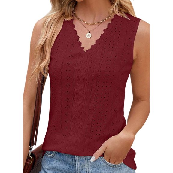 Women'S Trendy Tank Tops Eyelet Embroidery Sleeveless V-Neck Tank Shirts for Daily Casual Wine Red XXL