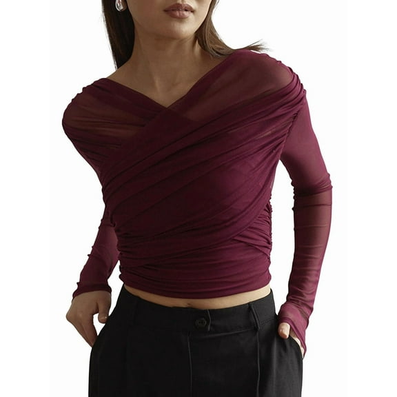 Women'S Trendy V-Neck Long Sleeve Sheer Mesh Ruched Going Out Tops Red S