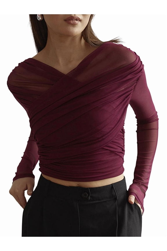 Women'S Trendy V-Neck Long Sleeve Sheer Mesh Ruched Going Out Tops Red S