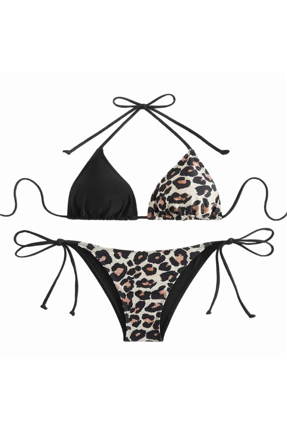 Women'S Triangle Bikini Set Black & Leopard L