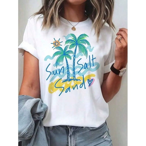Women'S Tropical Palm Tree & Sun Salt Graphic T-Shirt - Short Sleeve Round Neck Summer Beachwear Top