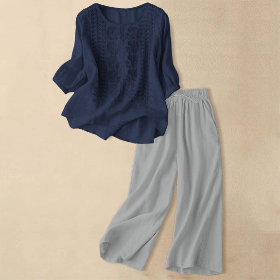 Women'S Trousers Suit Women'S Linen Embroidered Short Sleeve Top And Wide Leg Pants Casual Suit Set Comfortable Summer Outfit Navy M