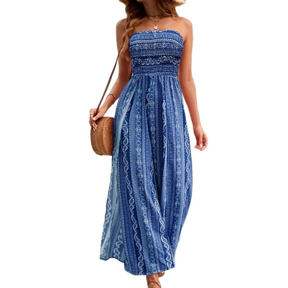 Women'S Tube Jumpsuits Boho Print Loose Sleeveless Smocked Rompers Wide Leg Long Slit Blue M