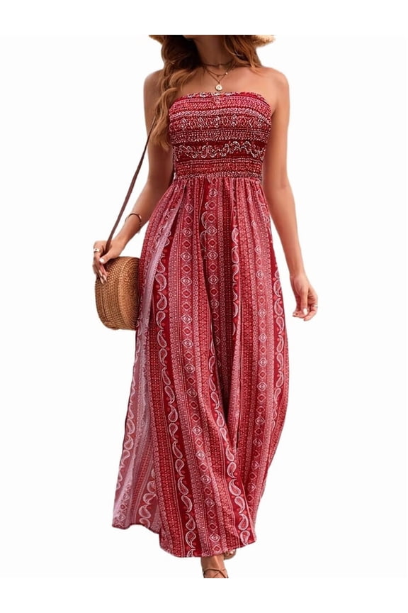 Women'S Tube Jumpsuits Boho Print Loose Sleeveless Smocked Rompers Wide Leg Long Slit Red L