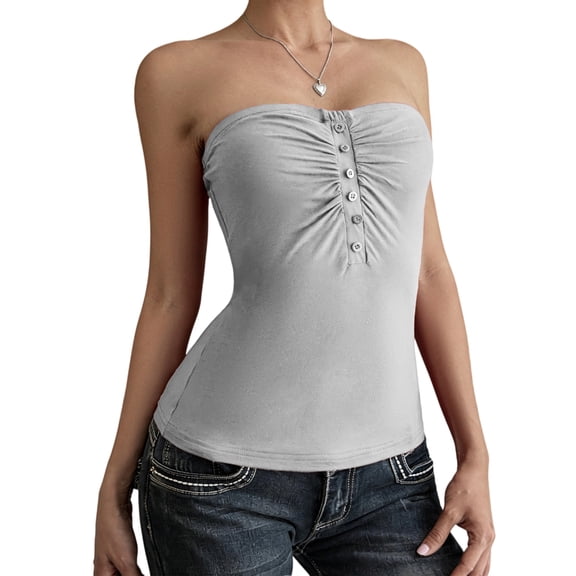 Women'S Tube Tops Strapless Button-Down Bandeau Tops Slim Fit Summer Going Out Tank Tops White Flower Ash S