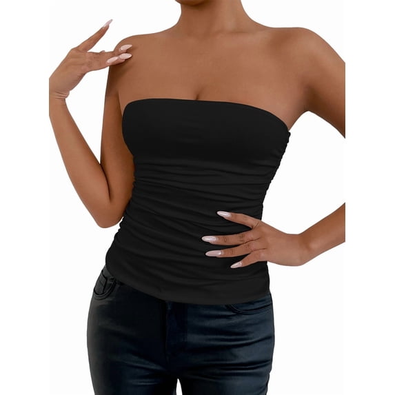 Women'S Tube Tops Strapless Going Out Crop Tank Top Ruched Bandeau Outfits Sleeveless Y2K Shirts Black XS