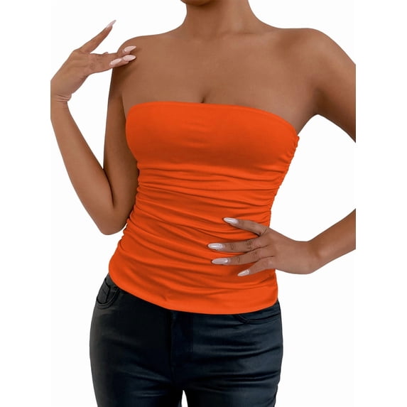 Women'S Tube Tops Strapless Going Out Crop Tank Top Ruched Bandeau Outfits Sleeveless Y2K Shirts Orange XS