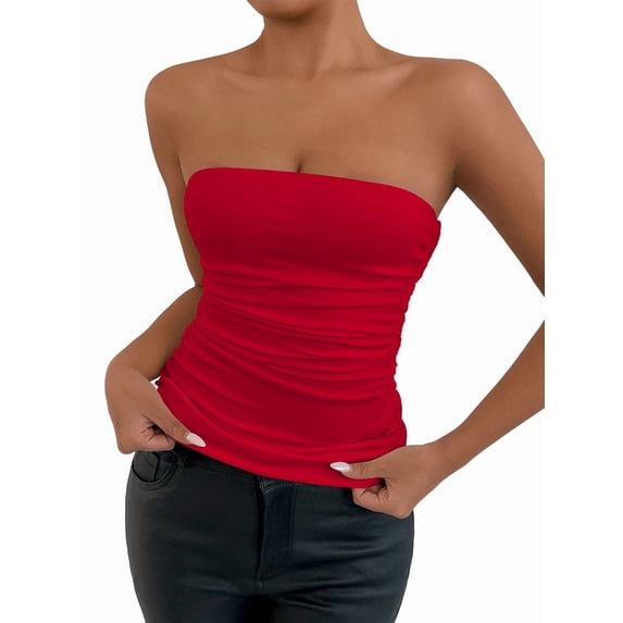 Women'S Tube Tops Strapless Going Out Crop Tank Top Ruched Bandeau Outfits Sleeveless Y2K Shirts Red M