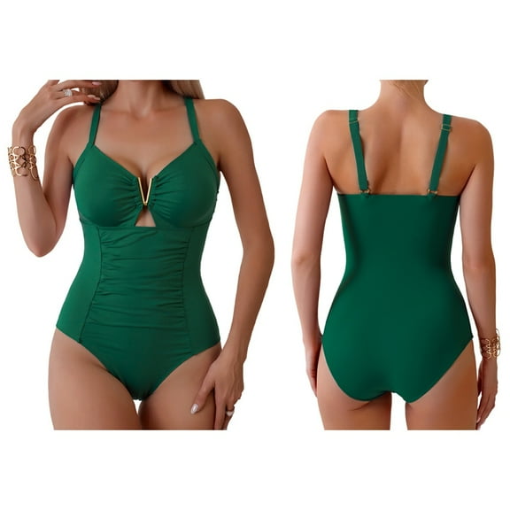 Women'S Tummy Control Swimsuits Ruched Slimming Bathing Suit Deep V Neck Swimsuit Dark Green S