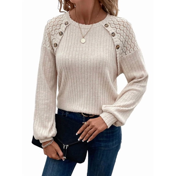 Women'S Tunic Tops Crew Neck Dressy Shirt Lace Patchwork Blouses Pullover Casual Blouses Sweaters L