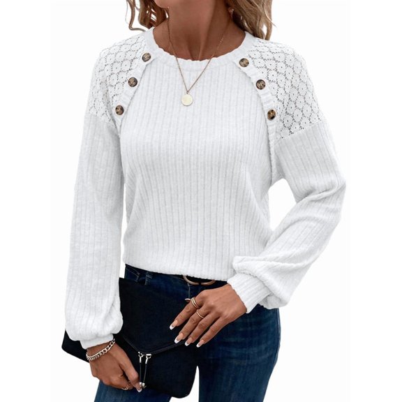 Women'S Tunic Tops Crew Neck Dressy Shirt Lace Patchwork Blouses Pullover Casual Blouses Sweaters White XL