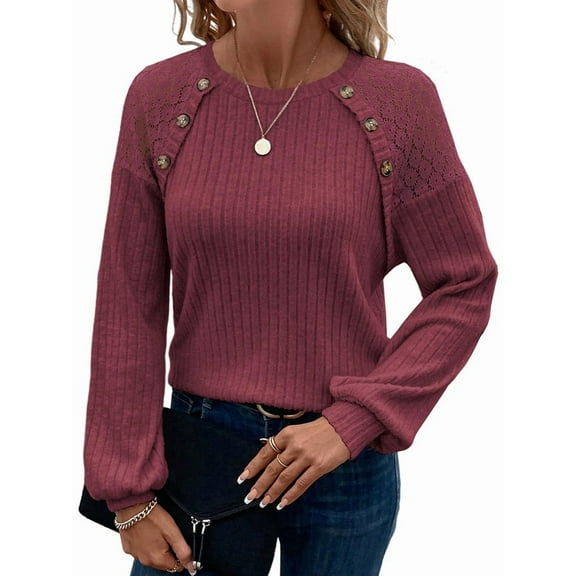 Women'S Tunic Tops Crew Neck Dressy Shirt Lace Patchwork Blouses Pullover Casual Blouses Sweaters Wine Red XL