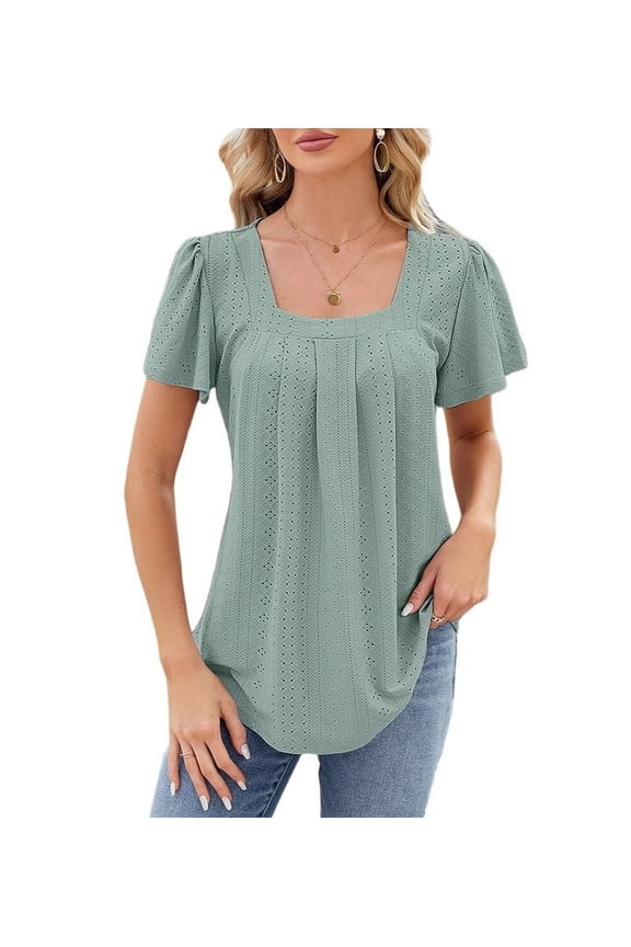 Women'S Tunic Tops Loose Fit Short Sleeve Shirts Crew Neck Summer Casual Tops Bean Green M