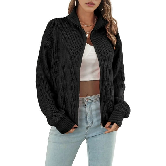 Women'S Turtle Neck Long Sleeve Knitted Cardigan Autumn and Winter Loose Knitted Cardigan with Zipper Black L