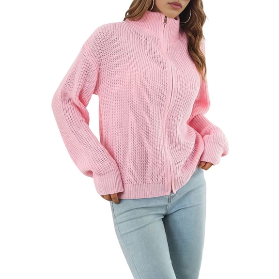 Women'S Turtle Neck Long Sleeve Knitted Cardigan Autumn and Winter Loose Knitted Cardigan with Zipper Pink L