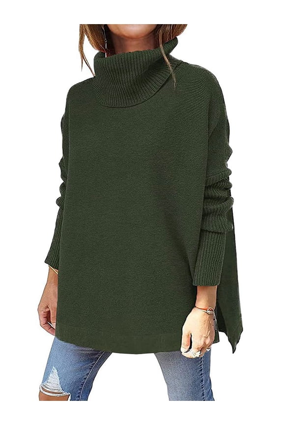 Women'S Turtle-Neck Oversized Sweaters Long Batwing Sleeve Spilt Hem Tunic Pullover Knit Tops Army Green L