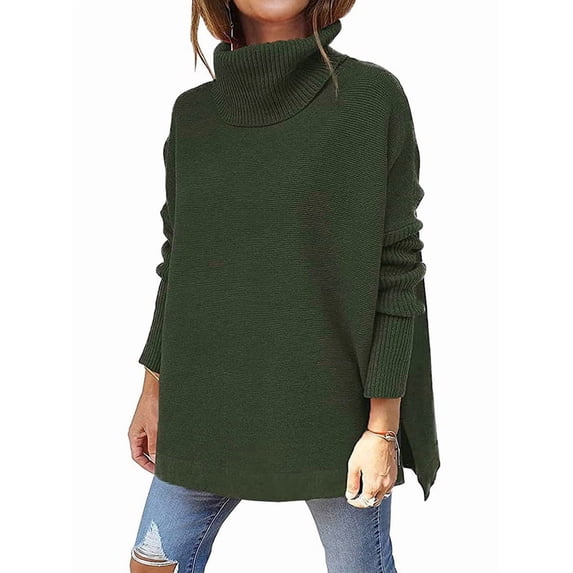 Women'S Turtle-Neck Oversized Sweaters Long Batwing Sleeve Spilt Hem Tunic Pullover Knit Tops Green XXL