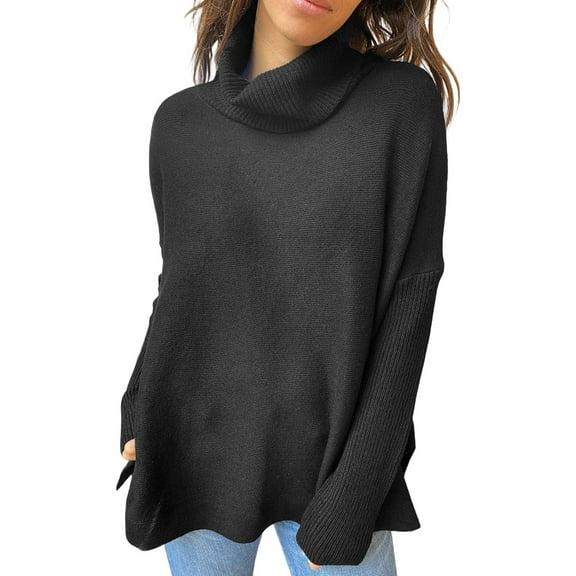 Women'S Turtle-Neck Oversized Sweaters Long Batwing Sleeve Spilt Hem Tunic Pullover Knit Tops Black M