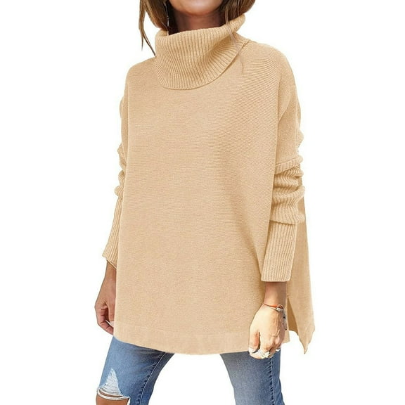 Women'S Turtle-Neck Oversized Sweaters Long Batwing Sleeve Spilt Hem Tunic Pullover Knit Tops Khaki L