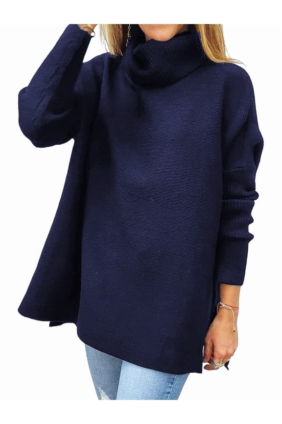 Women'S Turtle-Neck Oversized Sweaters Long Batwing Sleeve Spilt Hem Tunic Pullover Knit Tops Royal Blue S