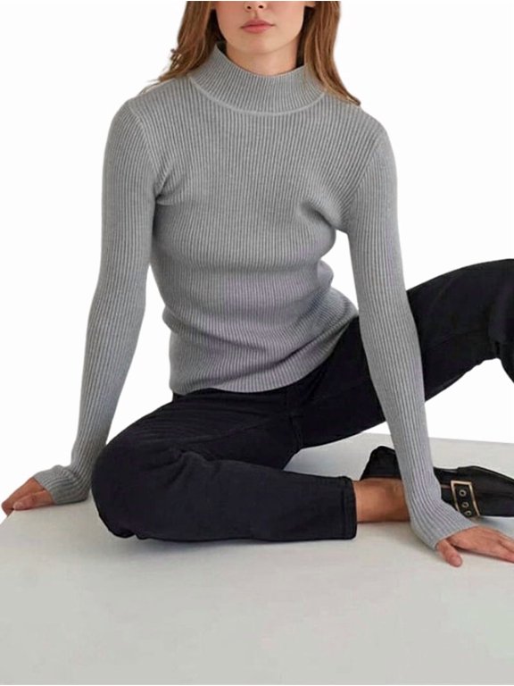 Women'S Turtle Neck Ribbed Pullover Sweater Long Sleeves Shirts Midweight Thermal Underwear Blouse Grey One Size