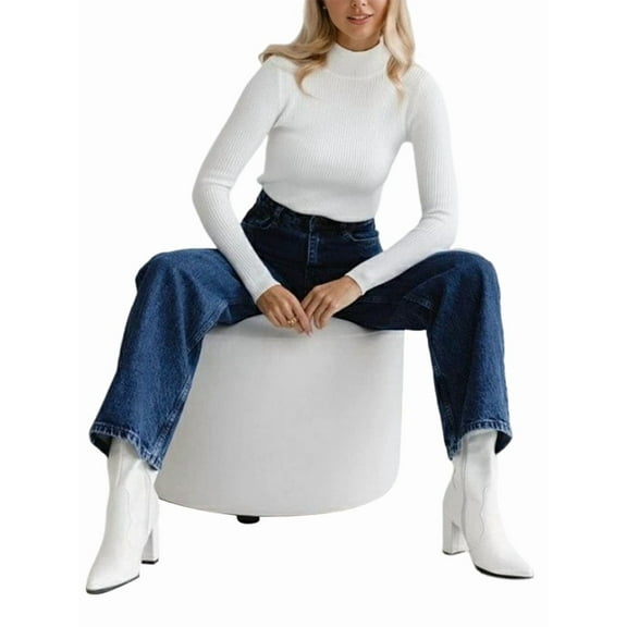 Women'S Turtle Neck Ribbed Pullover Sweater Long Sleeves Shirts Midweight Thermal Underwear Blouse White One Size