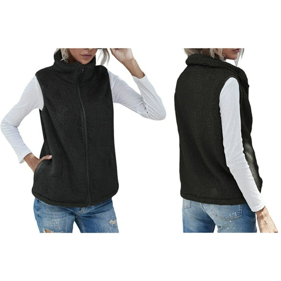 Women'S Turtle-Neck Sleeveless Warm Plush Vest with Zipper Autumn Winter Vest Jacket with Pockets Black S