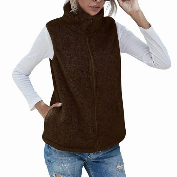 Women'S Turtle-Neck Sleeveless Warm Plush Vest with Zipper Autumn Winter Vest Jacket with Pockets Dark Brown M