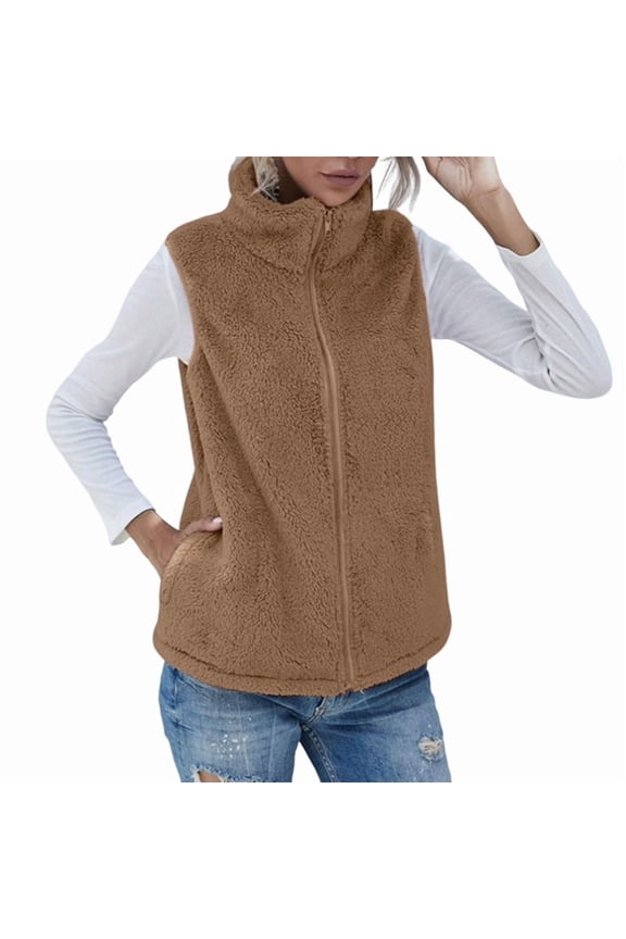 Women'S Turtle-Neck Sleeveless Warm Plush Vest with Zipper Autumn Winter Vest Jacket with Pockets Khaki XL