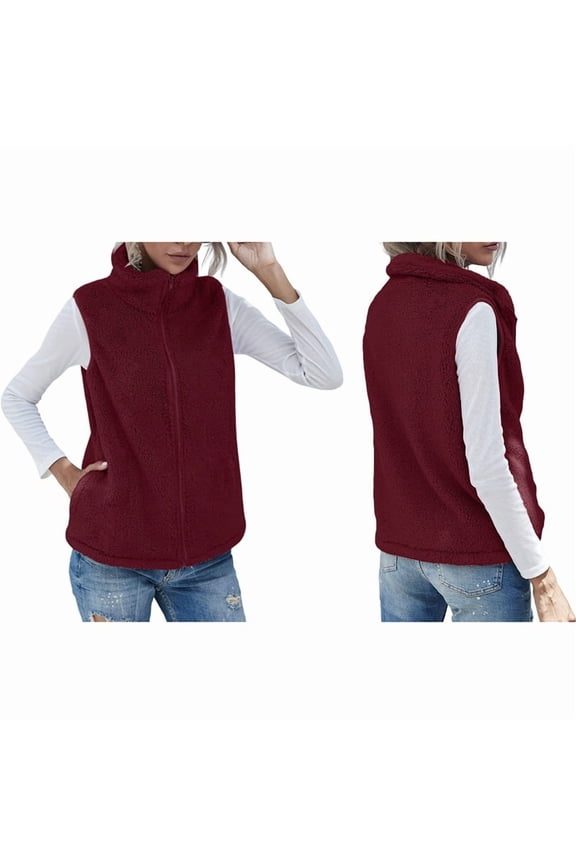 Women'S Turtle-Neck Sleeveless Warm Plush Vest with Zipper Autumn Winter Vest Jacket with Pockets Red XXL
