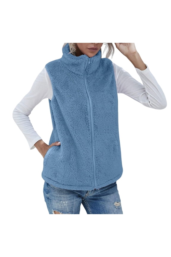 Women'S Turtle-Neck Sleeveless Warm Plush Vest with Zipper Autumn Winter Vest Jacket with Pockets Sky Blue S