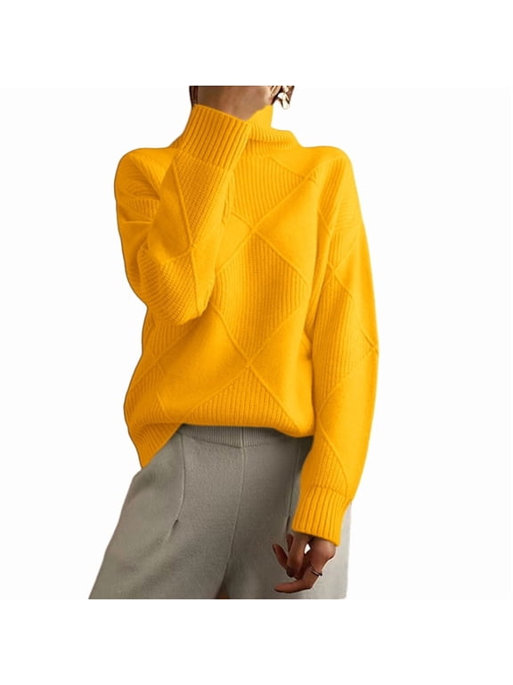 Women'S Turtle Neck Sweater Fall Winter Long Sleeve Chunky Knitted Trendy Pullover Tops Golden Yellow XXXL