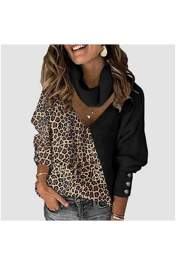 Women'S Turtleneck Sweater 2024 Fall Fashoin Leopard Print Patchwork Pullover Long Sleeves Loose Thermal Knitting Sweater Tops Black L